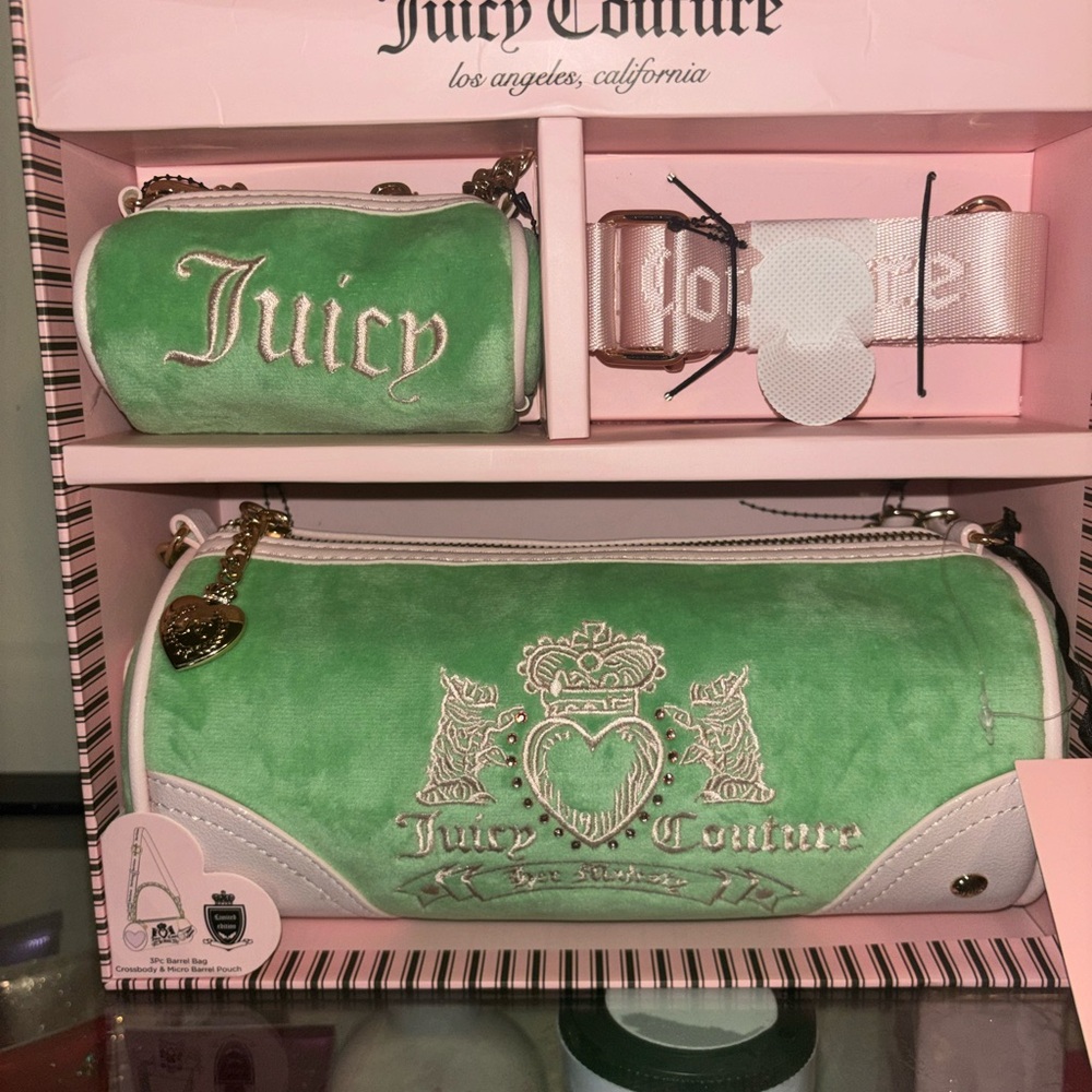 Juicy Couture Mint Green Velvet Logo Barrel Bag Set with White Trim